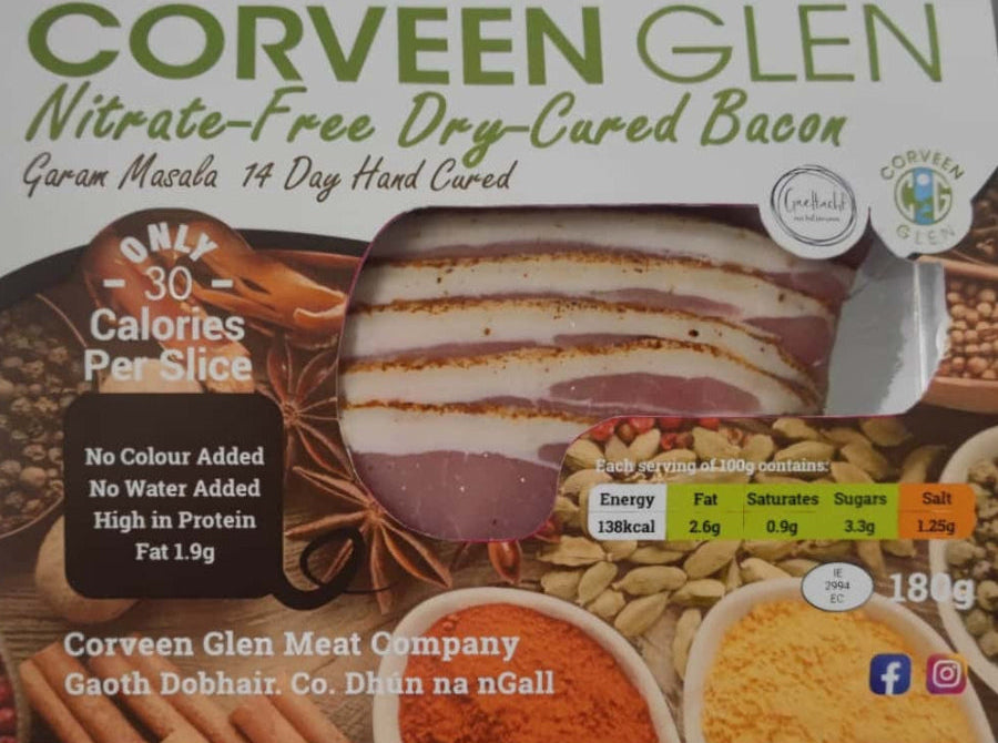 Corveen Glen nitrate-free dry-cured bacon packaging with nutritional information.