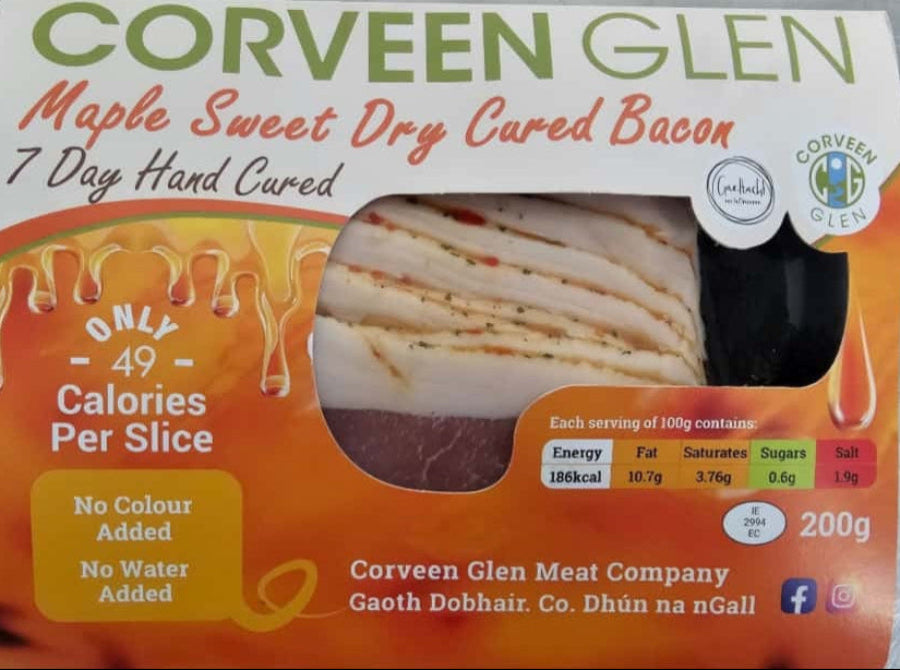 Box of Corveen Glen Maple Sweet Dry Cured Bacon on a gray background