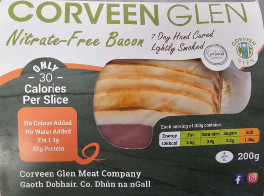 Box of Corveen Glen nitrate-free bacon with nutritional information on a gray background