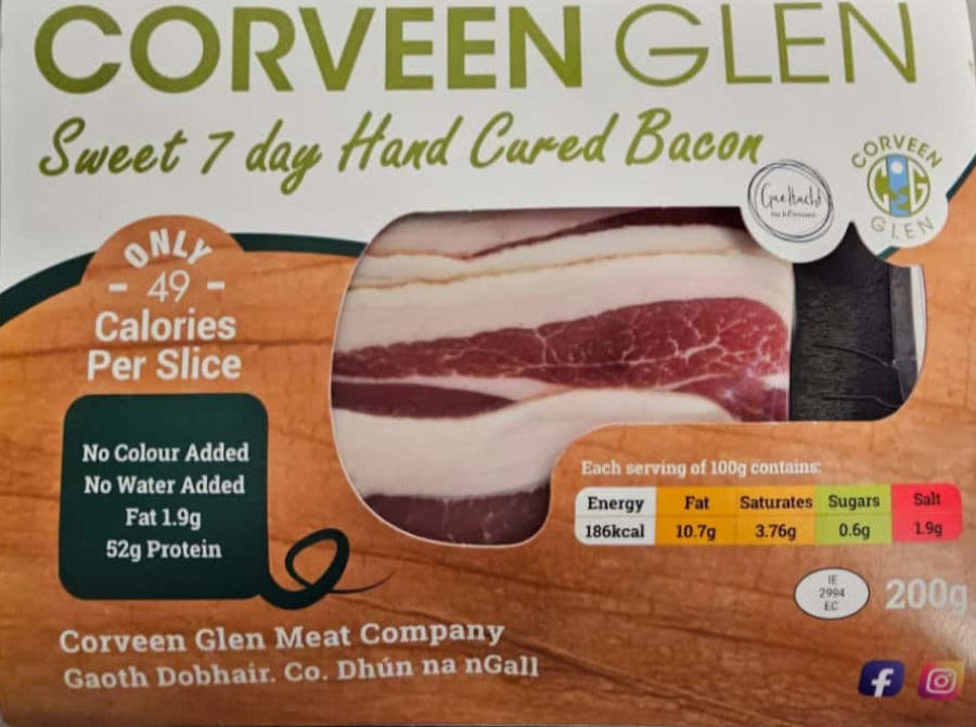 Packaged bacon from Corveen Glen with nutritional information on a wooden surface
